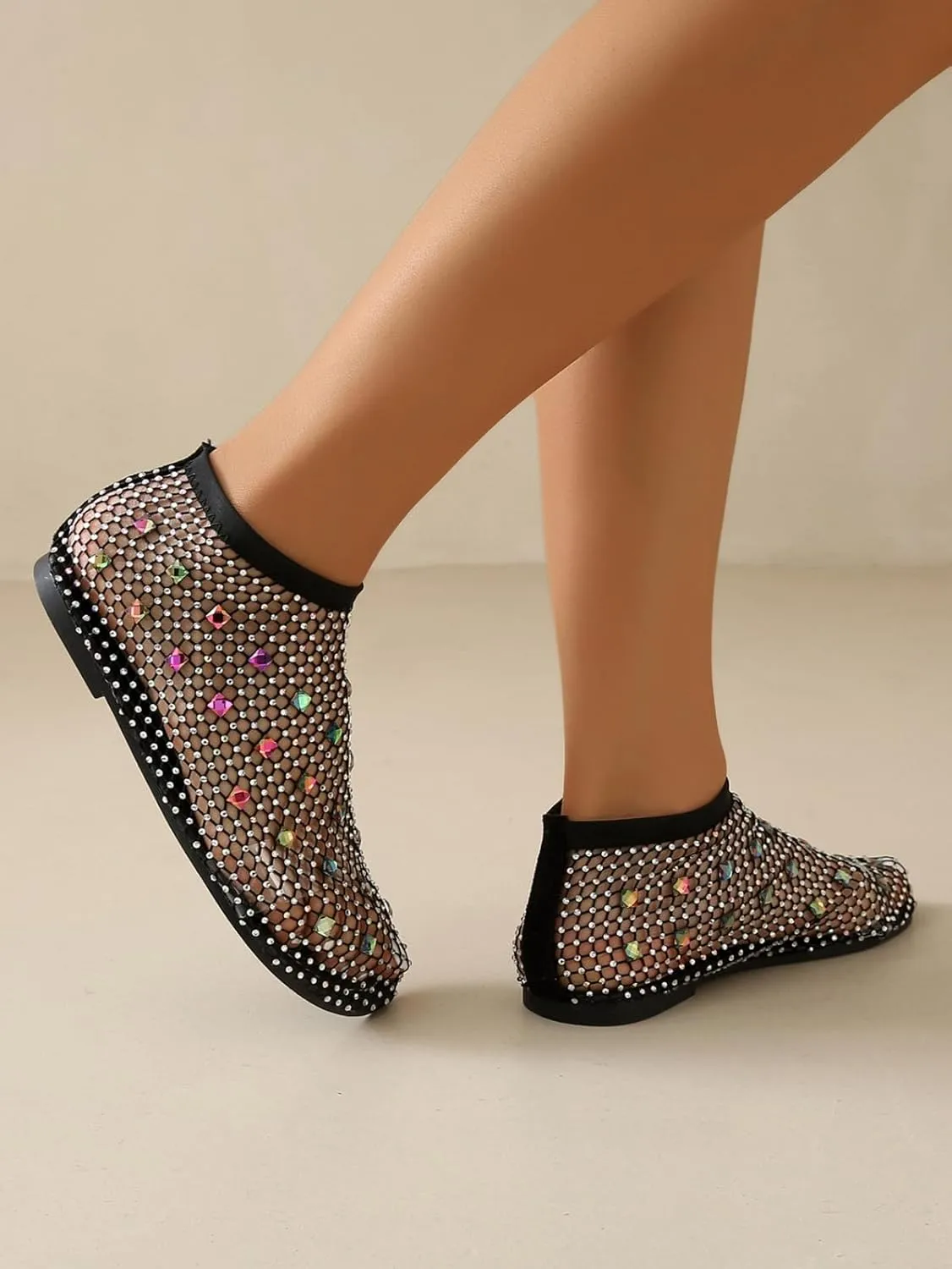 Comfortable Mesh Flats for Women Fishnet Shiny Gem Sandals Low Heel Slip on Stockings Rhinestone Net Flat Sandals