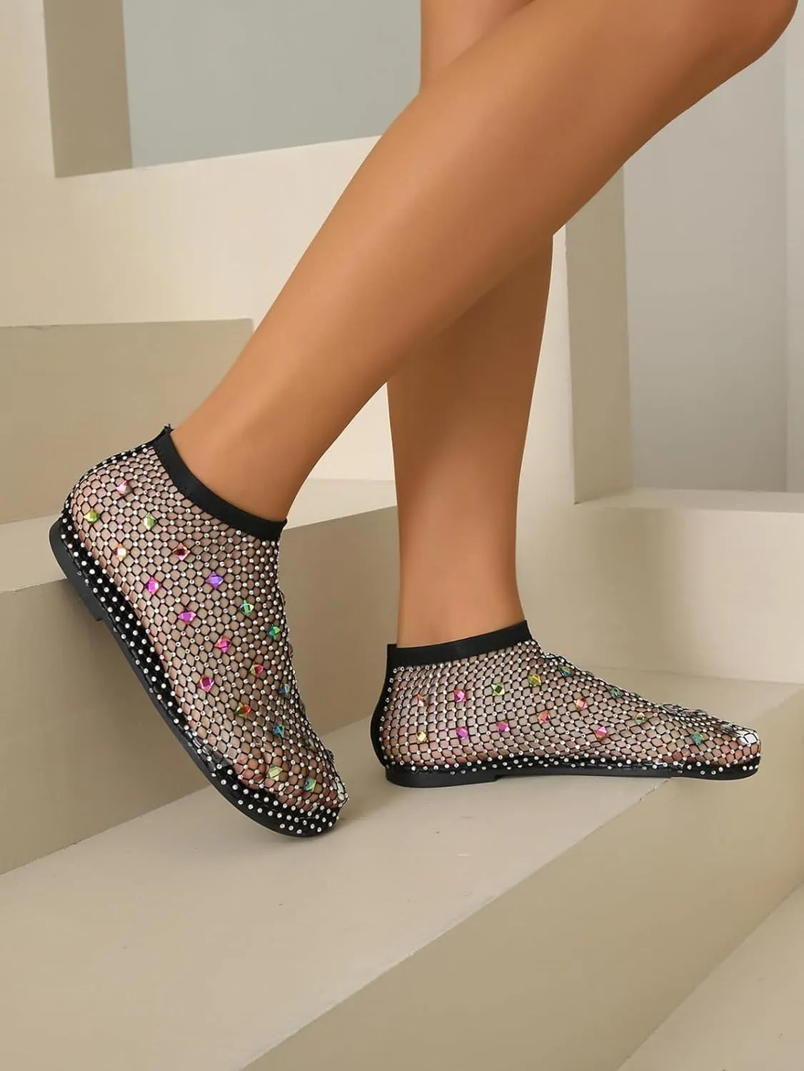 Comfortable Mesh Flats for Women Fishnet Shiny Gem Sandals Low Heel Slip on Stockings Rhinestone Net Flat Sandals