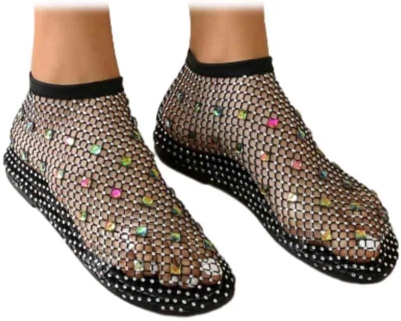Comfortable Mesh Flats for Women Fishnet Shiny Gem Sandals Low Heel Slip on Stockings Rhinestone Net Flat Sandals