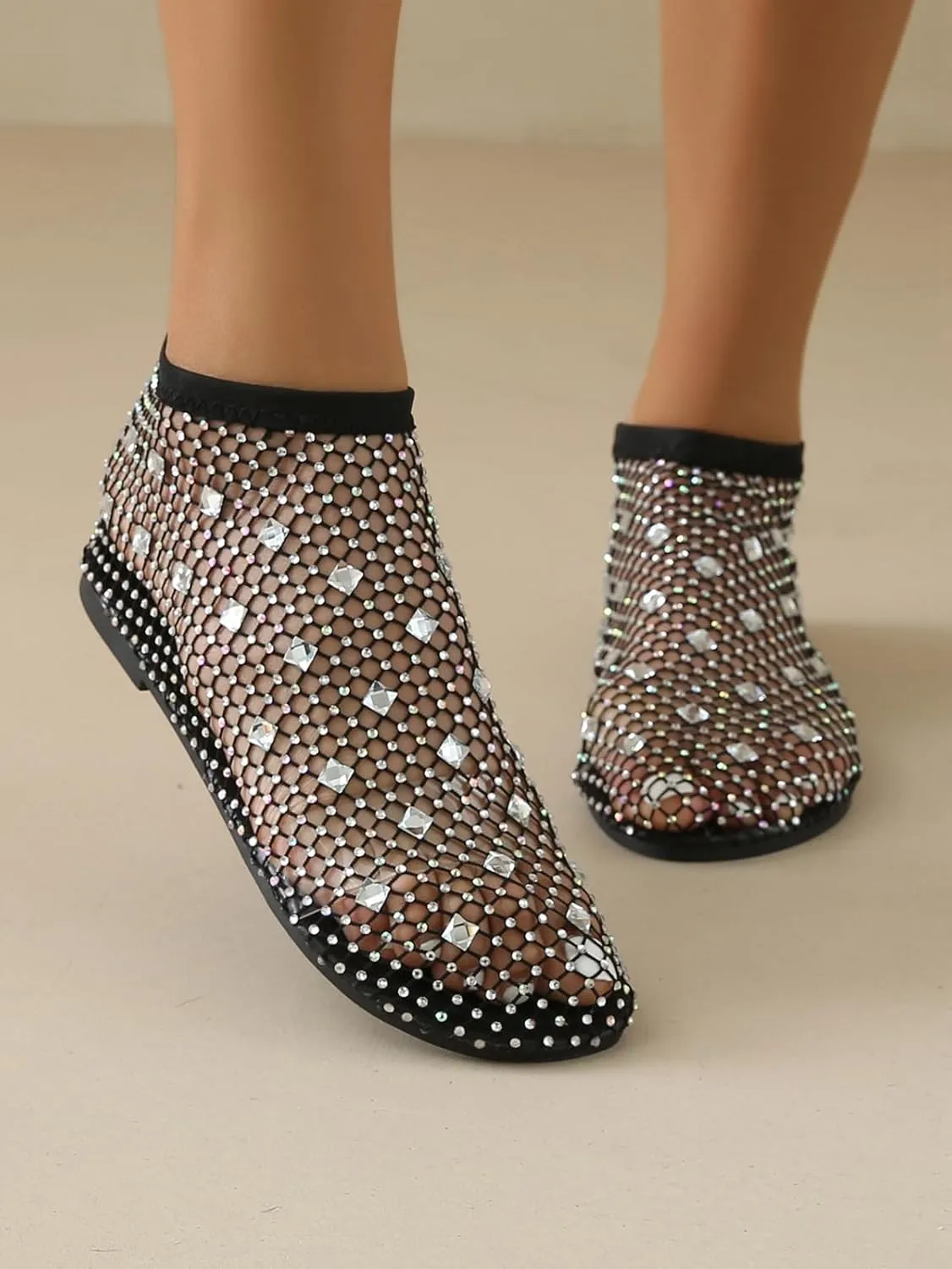 Comfortable Mesh Flats for Women Fishnet Shiny Gem Sandals Low Heel Slip on Stockings Rhinestone Net Flat Sandals