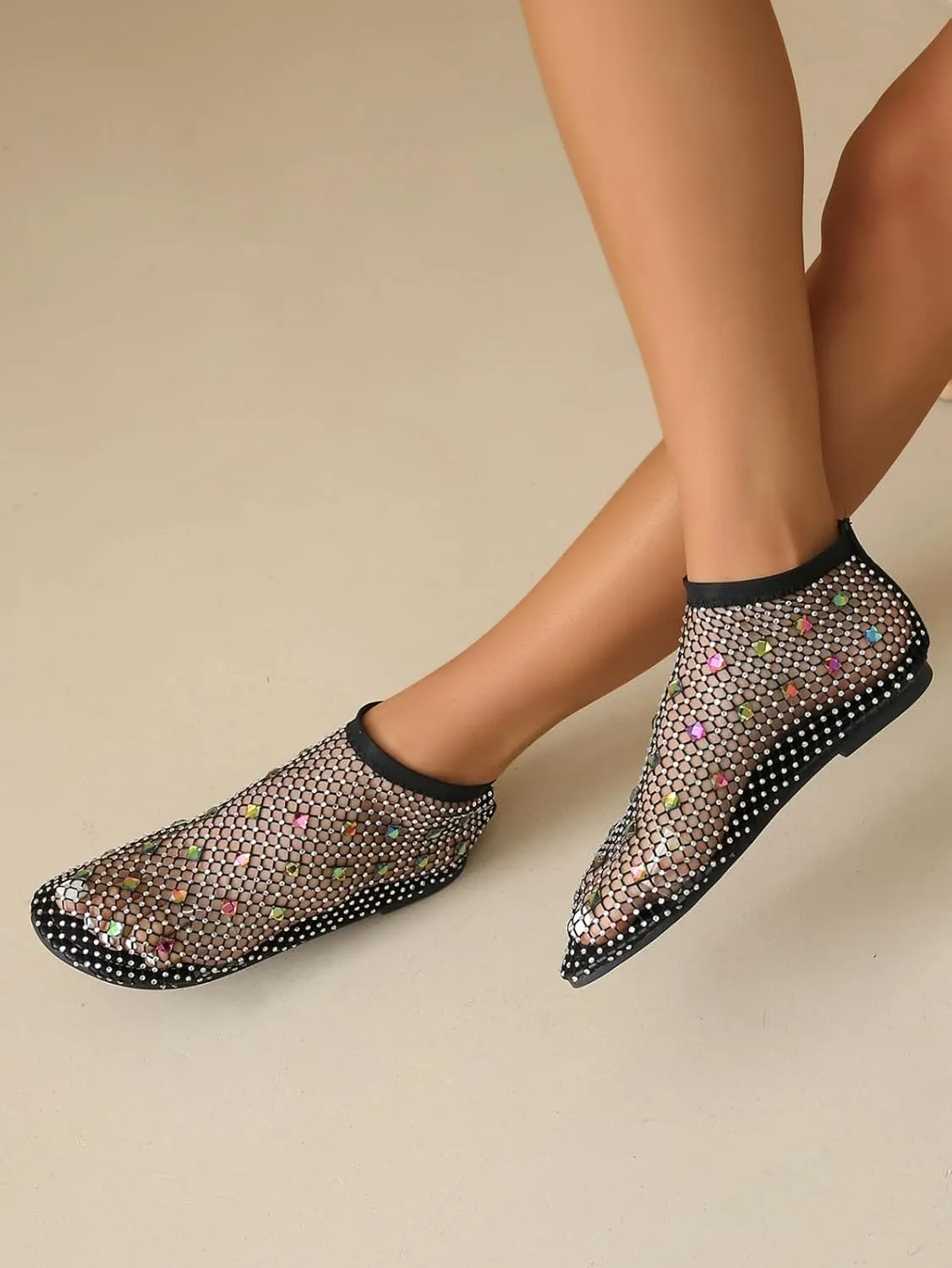 Comfortable Mesh Flats for Women Fishnet Shiny Gem Sandals Low Heel Slip on Stockings Rhinestone Net Flat Sandals