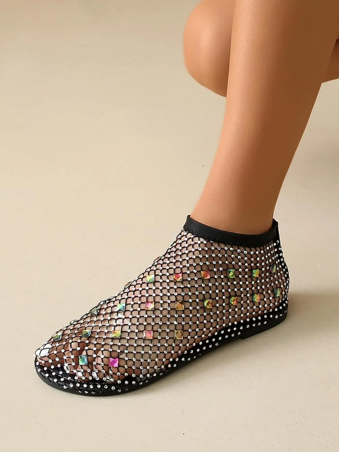 Comfortable Mesh Flats for Women Fishnet Shiny Gem Sandals Low Heel Slip on Stockings Rhinestone Net Flat Sandals