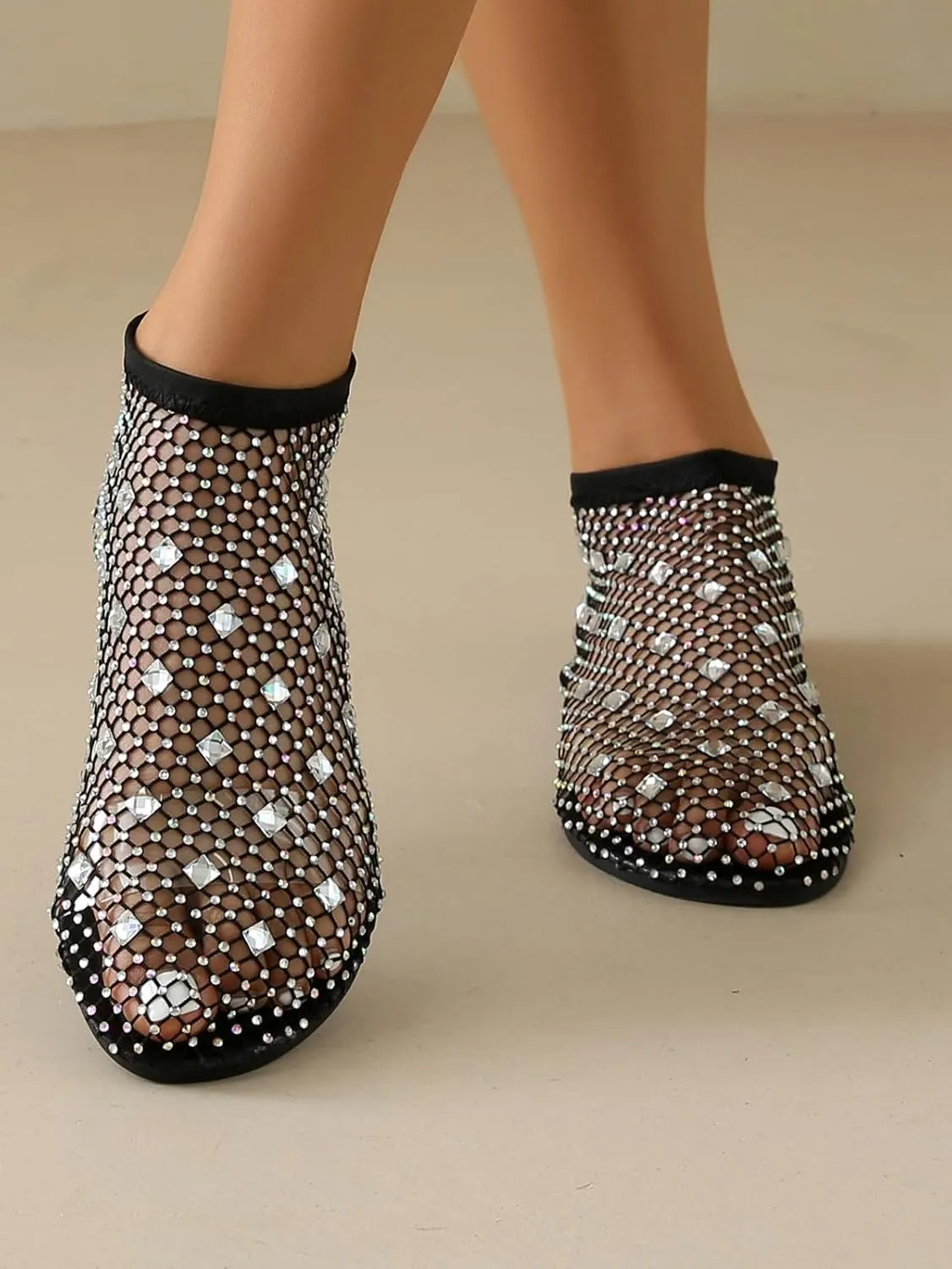 Comfortable Mesh Flats for Women Fishnet Shiny Gem Sandals Low Heel Slip on Stockings Rhinestone Net Flat Sandals
