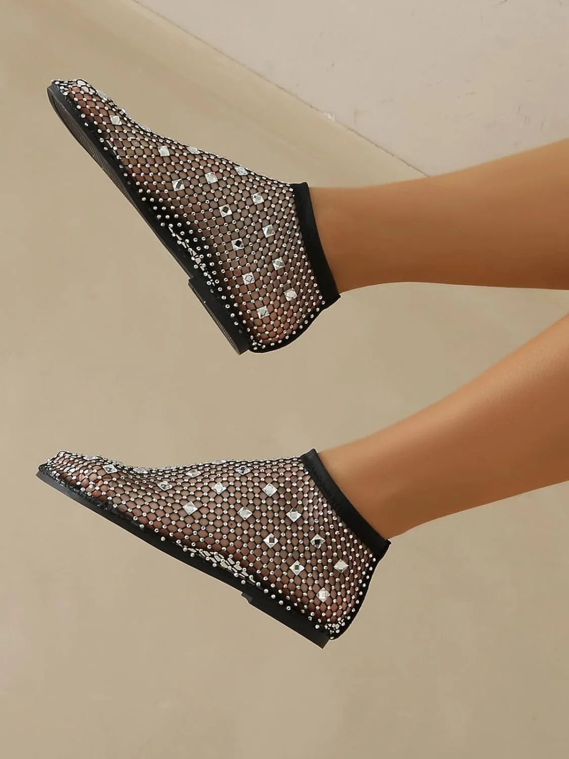 Comfortable Mesh Flats for Women Fishnet Shiny Gem Sandals Low Heel Slip on Stockings Rhinestone Net Flat Sandals