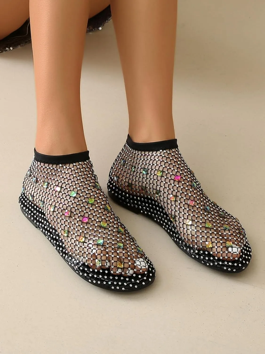 Comfortable Mesh Flats for Women Fishnet Shiny Gem Sandals Low Heel Slip on Stockings Rhinestone Net Flat Sandals