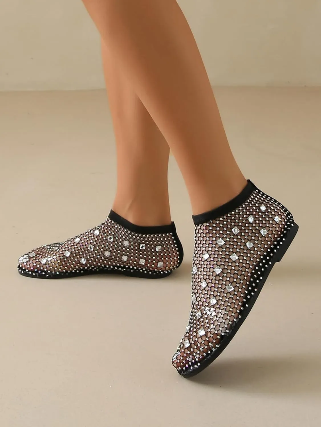 Comfortable Mesh Flats for Women Fishnet Shiny Gem Sandals Low Heel Slip on Stockings Rhinestone Net Flat Sandals