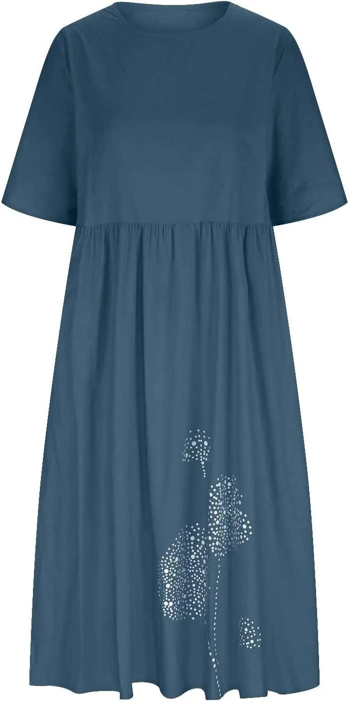 Cotton Linen Maxi Dresses for Women Casual Summer Plus Size Short Sleeve Tshirt Dress Ladies Beach Vacation Sundress