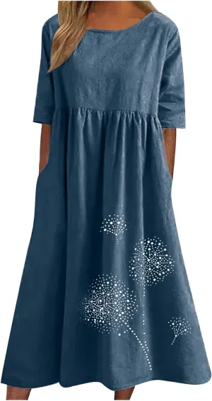 Cotton Linen Maxi Dresses for Women Casual Summer Plus Size Short Sleeve Tshirt Dress Ladies Beach Vacation Sundress