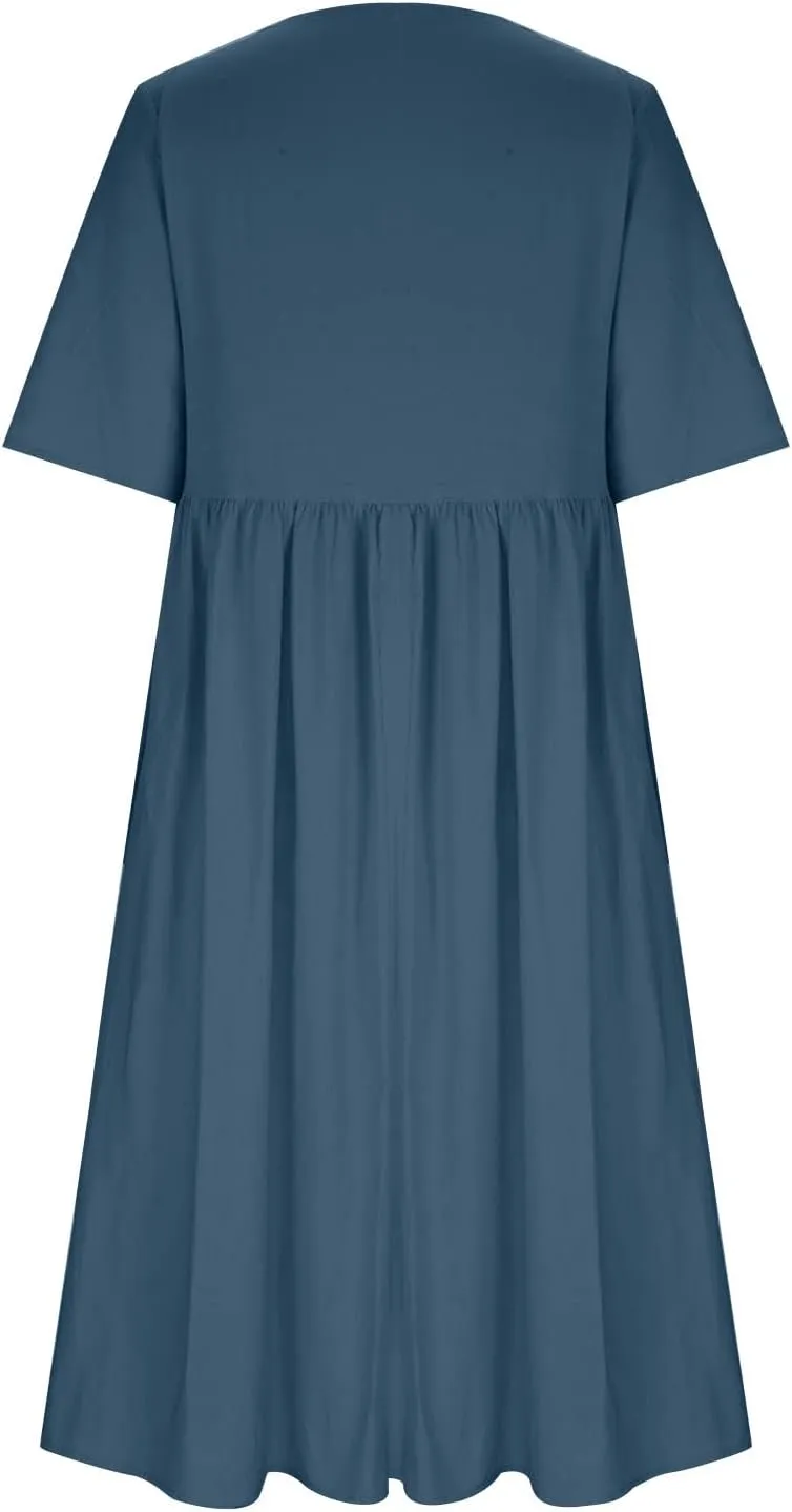 Cotton Linen Maxi Dresses for Women Casual Summer Plus Size Short Sleeve Tshirt Dress Ladies Beach Vacation Sundress