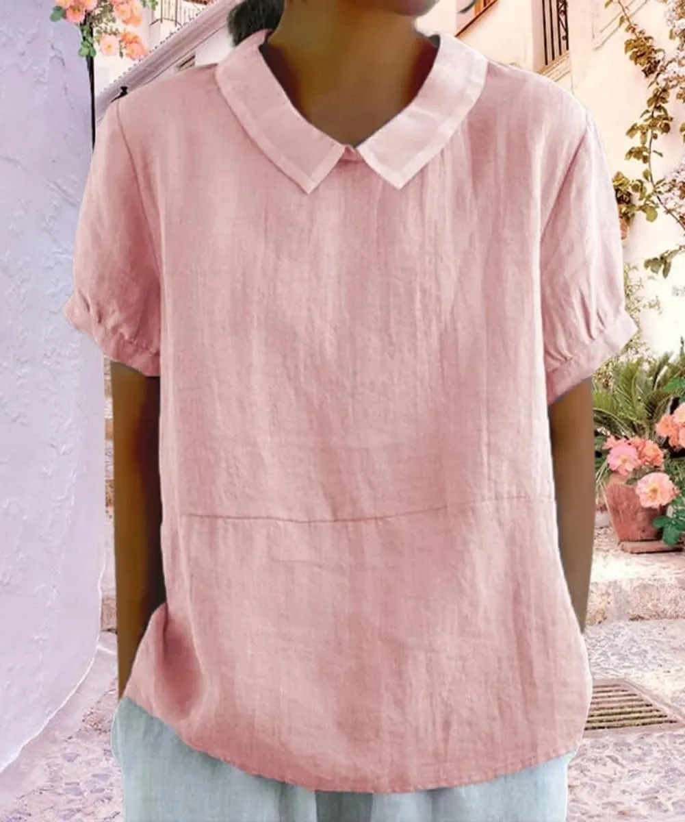 Cotton Linen Shirts for Women Summer Short Sleeve Casual Collared Work Blouse Tunic Tos