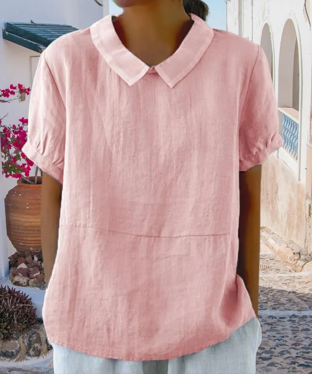 Cotton Linen Shirts for Women Summer Short Sleeve Casual Collared Work Blouse Tunic Tos