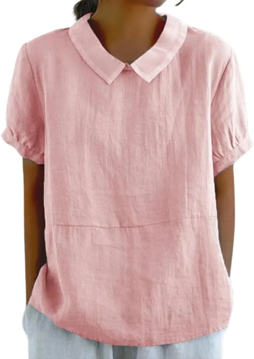 Cotton Linen Shirts for Women Summer Short Sleeve Casual Collared Work Blouse Tunic Tos