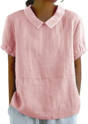Cotton Linen Shirts for Women Summer Short Sleeve Casual Collared Work Blouse Tunic Tos