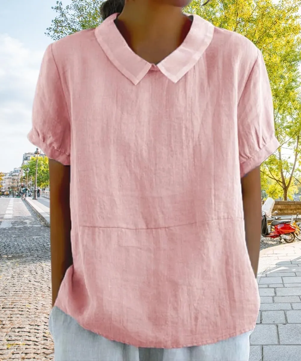 Cotton Linen Shirts for Women Summer Short Sleeve Casual Collared Work Blouse Tunic Tos