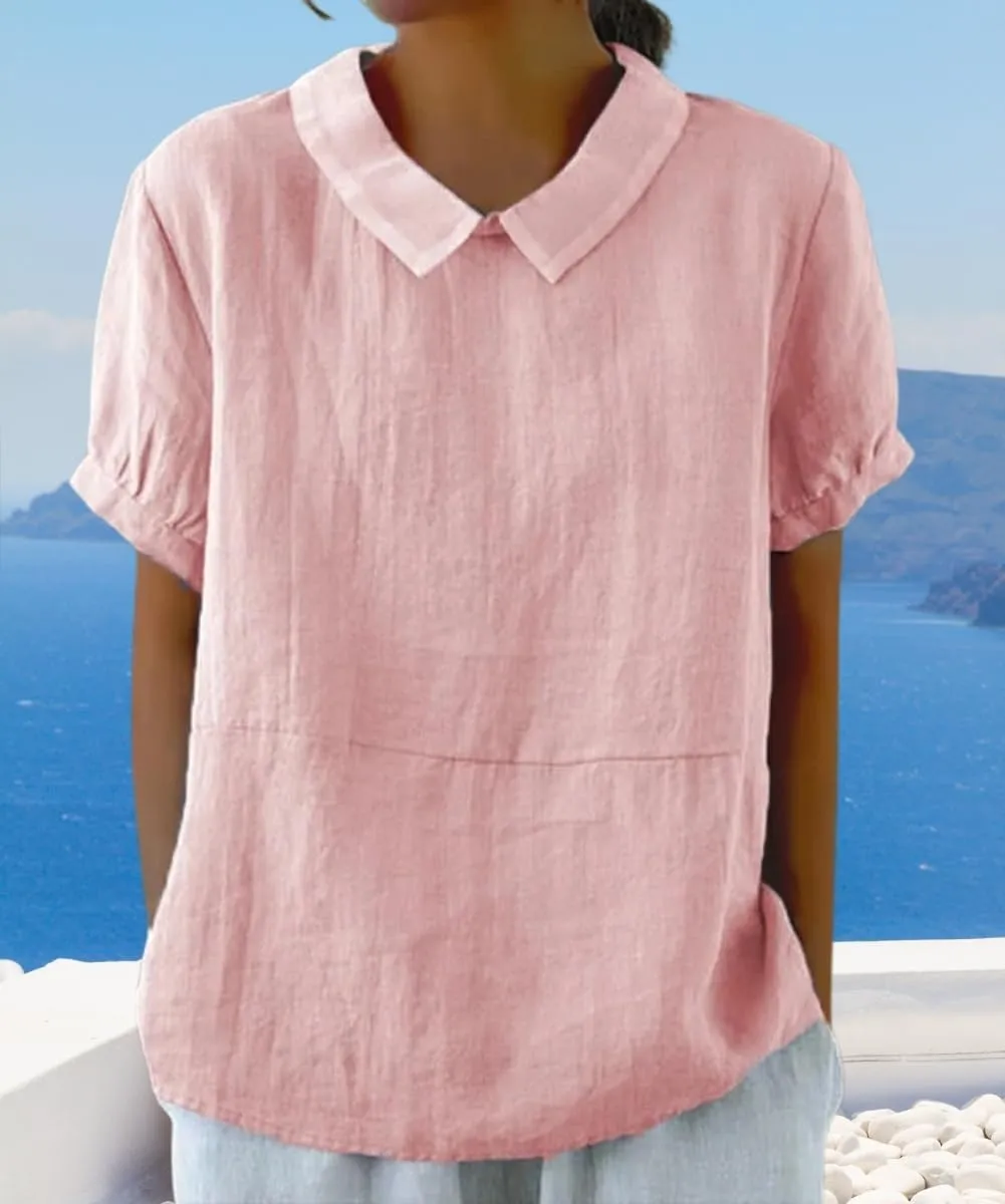 Cotton Linen Shirts for Women Summer Short Sleeve Casual Collared Work Blouse Tunic Tos