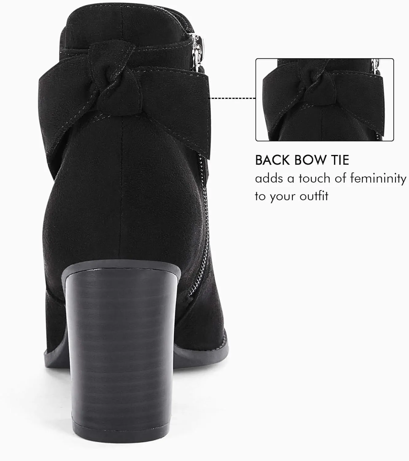Coutgo Women's Fall Ankle Boots Shoes Chunky Block Stacked Heel Bow Tie Pointed Toe Dress Booties Side Zipper