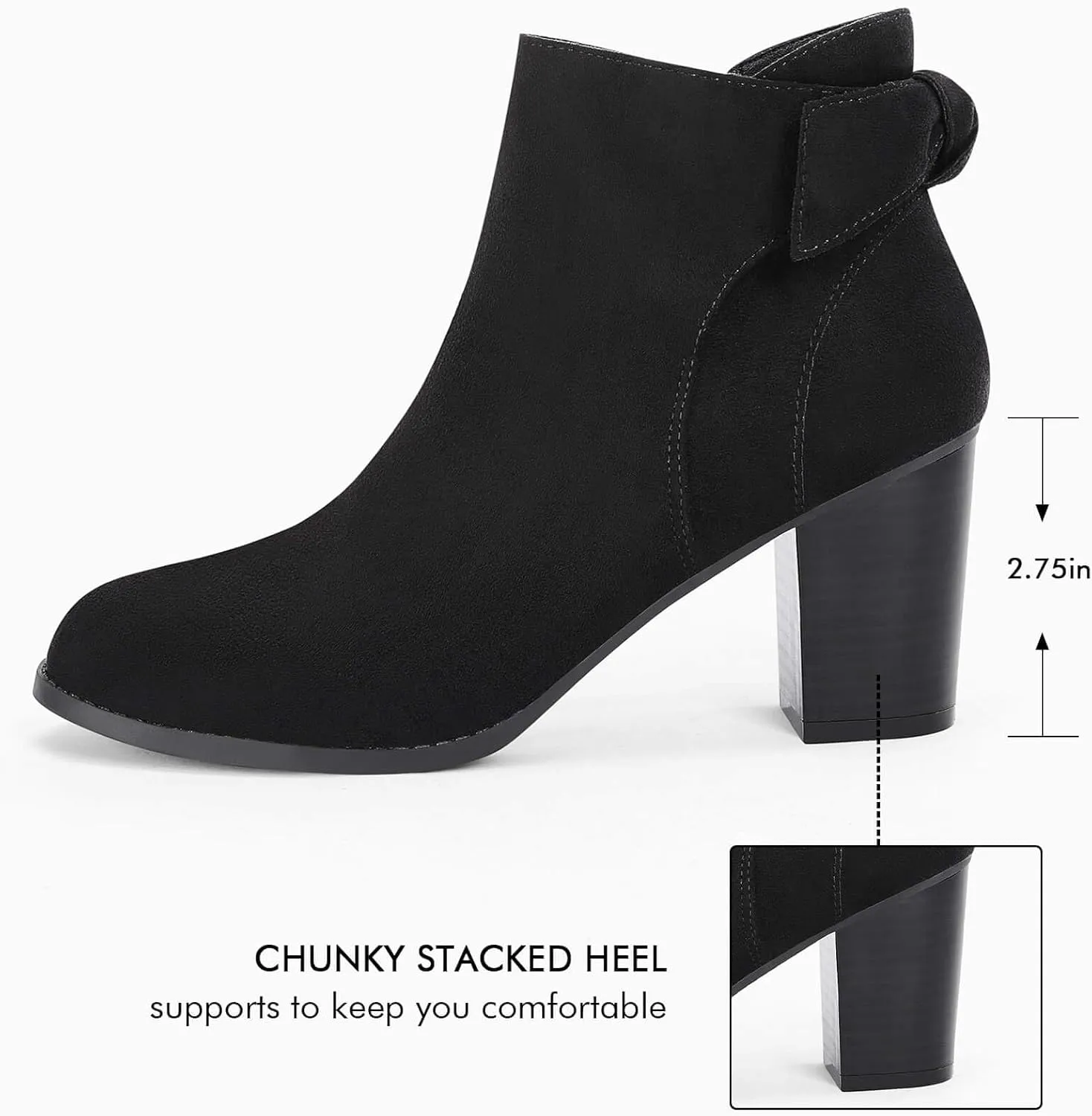 Coutgo Women's Fall Ankle Boots Shoes Chunky Block Stacked Heel Bow Tie Pointed Toe Dress Booties Side Zipper