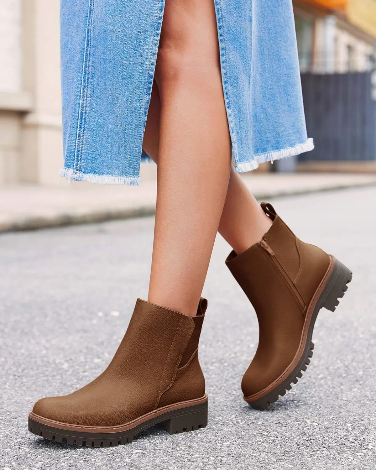 Coutgo Womens Low Heel Chelsea Ankle Boots Platform Lug Sole Booties Pull On Fall Short Boot Shoes