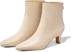 Coutgo Womens Low Kitten Heel Short Boots Fall Square Pointed Toe Ankle Boots Leather Dress Booties With Zipper