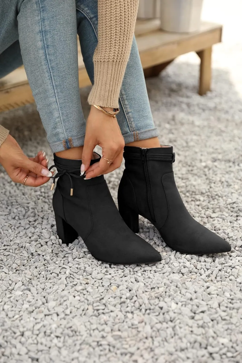 Coutgo Womens Pointed Toe Ankle Boots Chunky Block Heel Tie Knot Side Zipper Dressy Booties