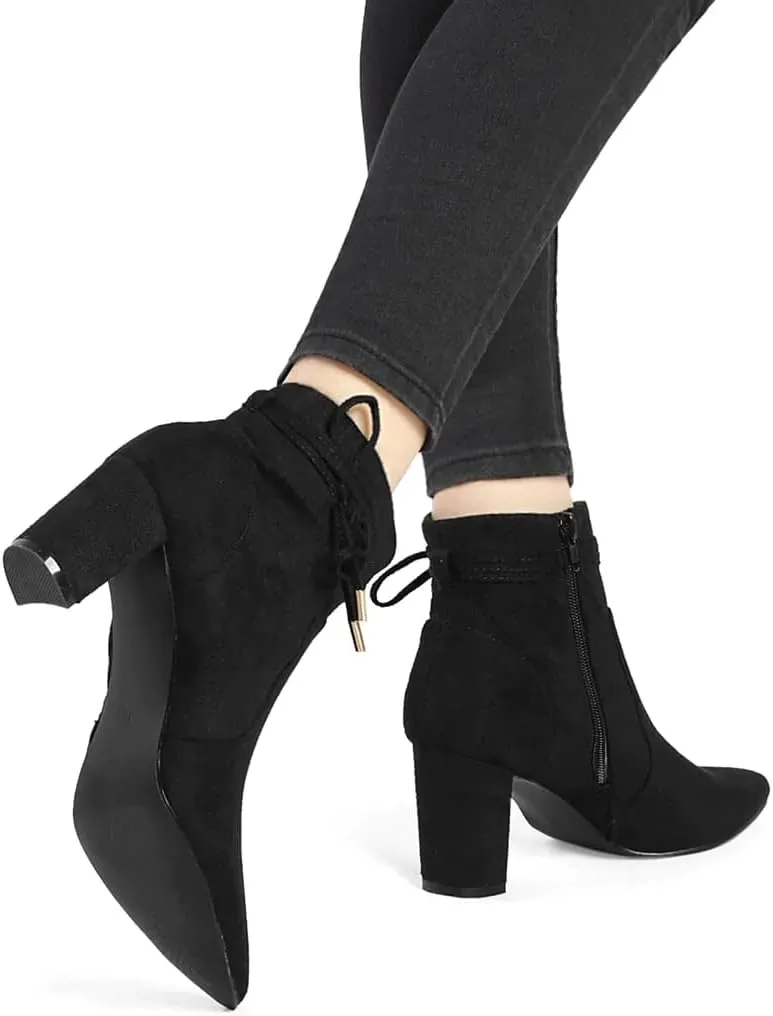 Coutgo Womens Pointed Toe Ankle Boots Chunky Block Heel Tie Knot Side Zipper Dressy Booties