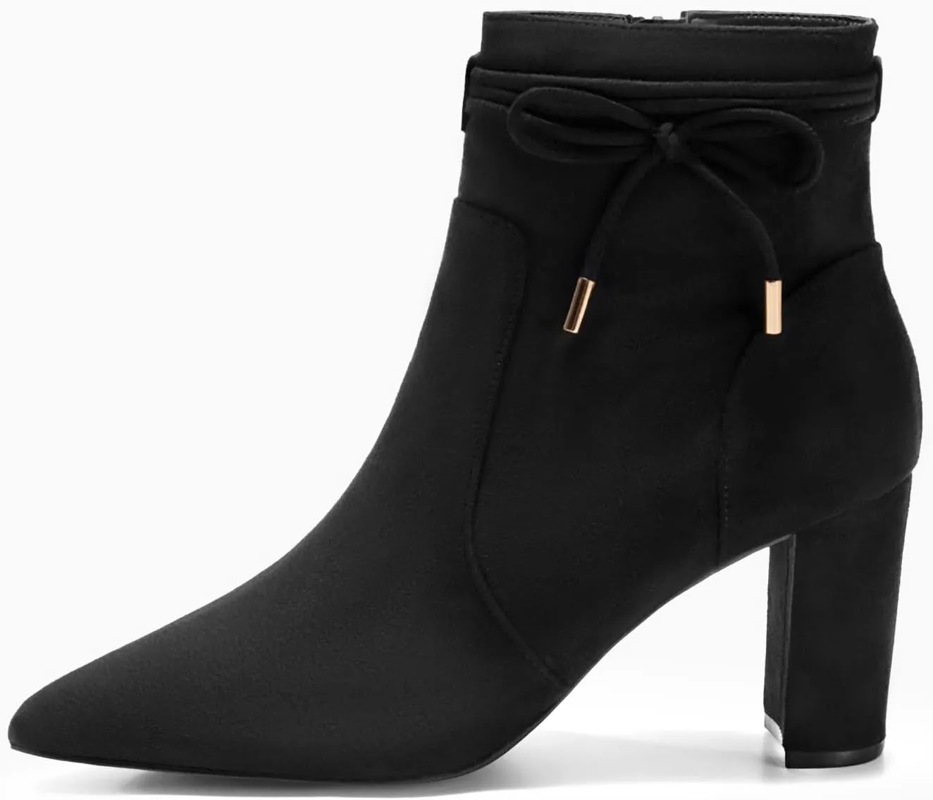 Coutgo Womens Pointed Toe Ankle Boots Chunky Block Heel Tie Knot Side Zipper Dressy Booties