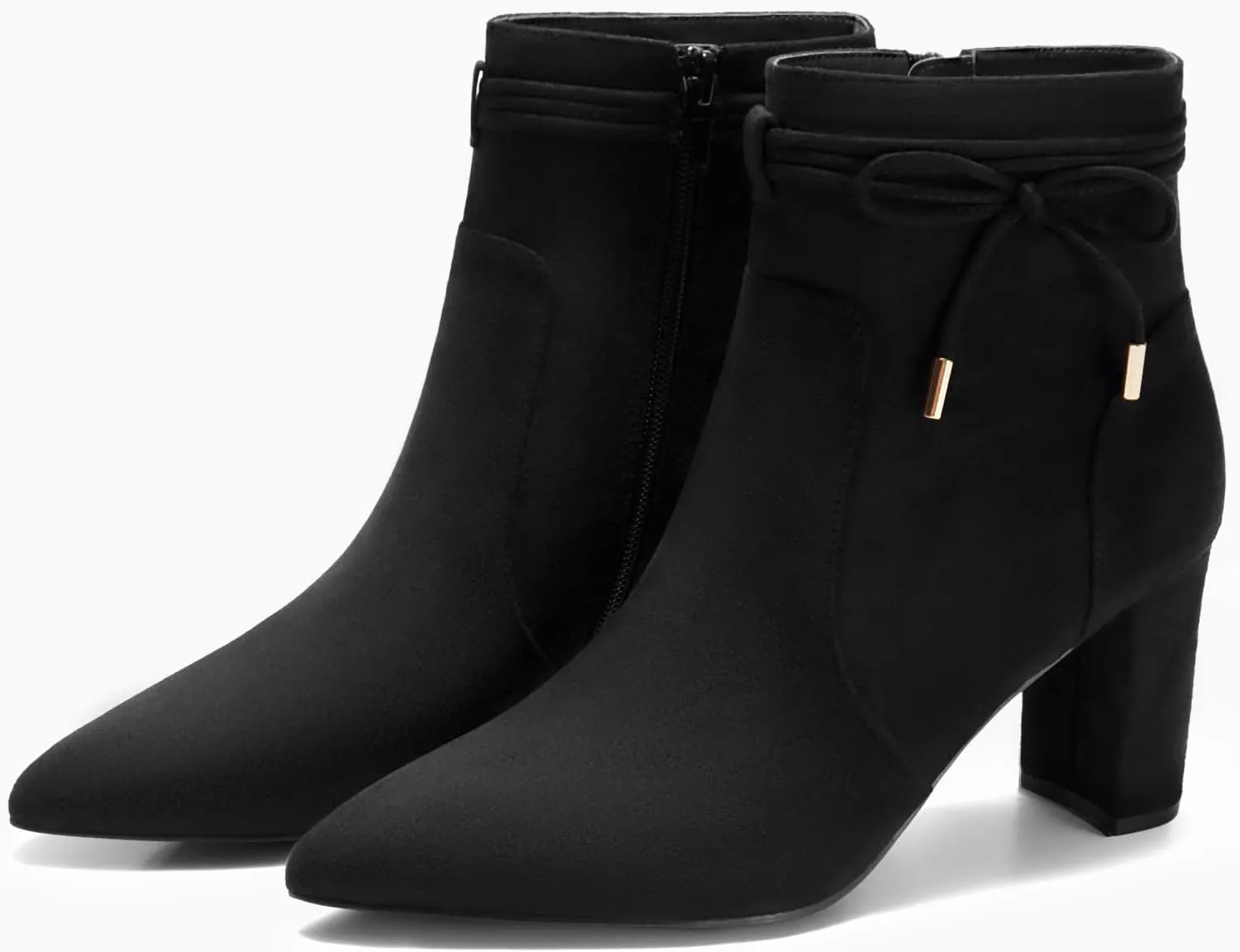 Coutgo Womens Pointed Toe Ankle Boots Chunky Block Heel Tie Knot Side Zipper Dressy Booties