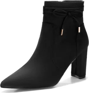 Coutgo Womens Pointed Toe Ankle Boots Chunky Block Heel Tie Knot Side Zipper Dressy Booties
