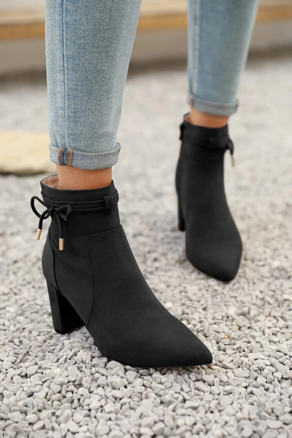 Coutgo Womens Pointed Toe Ankle Boots Chunky Block Heel Tie Knot Side Zipper Dressy Booties