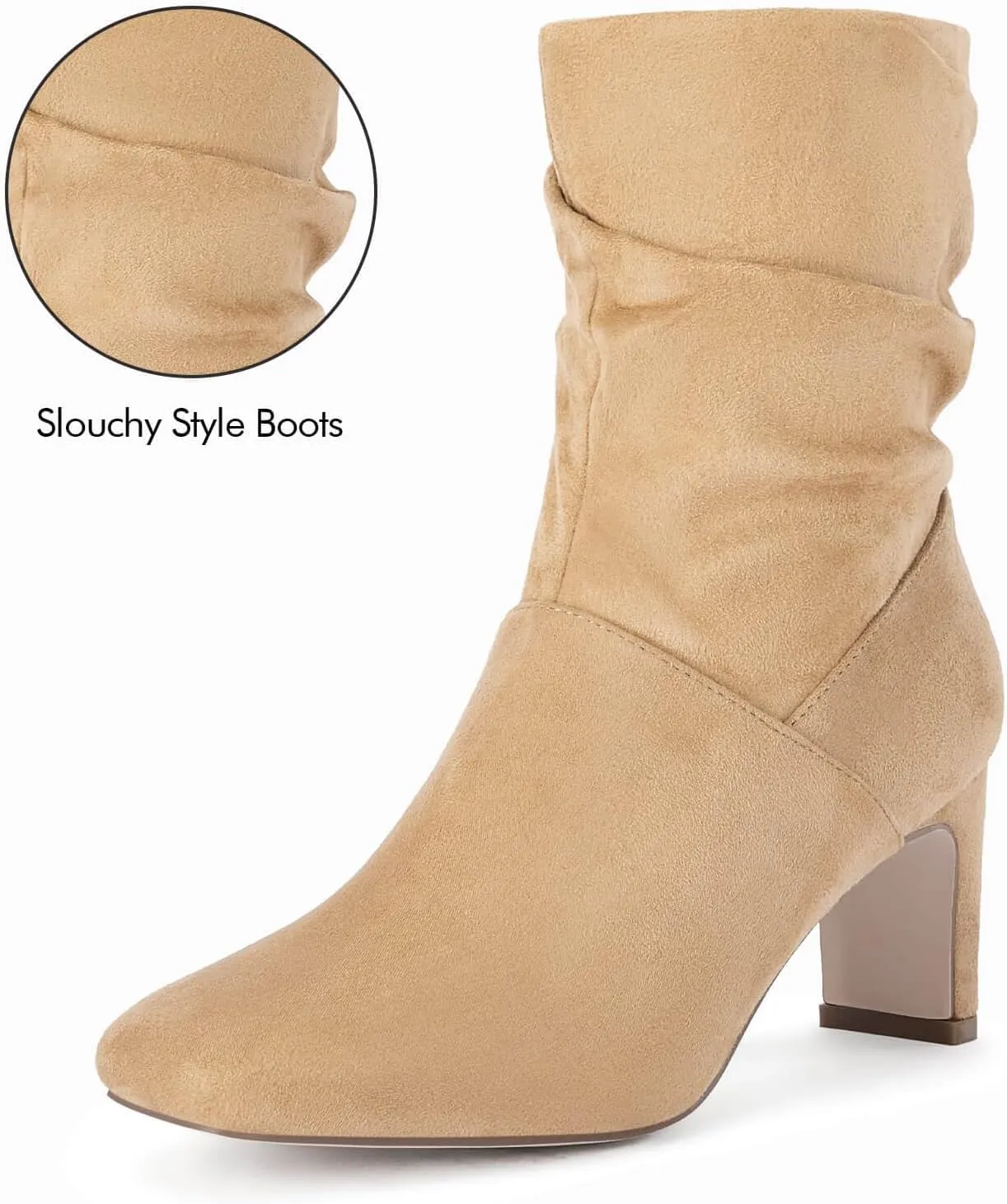 Coutgo Women's Slouch Mid Calf Boots Chunky Heel Square Toe Zip Up Fall Fashion Booties Shoes