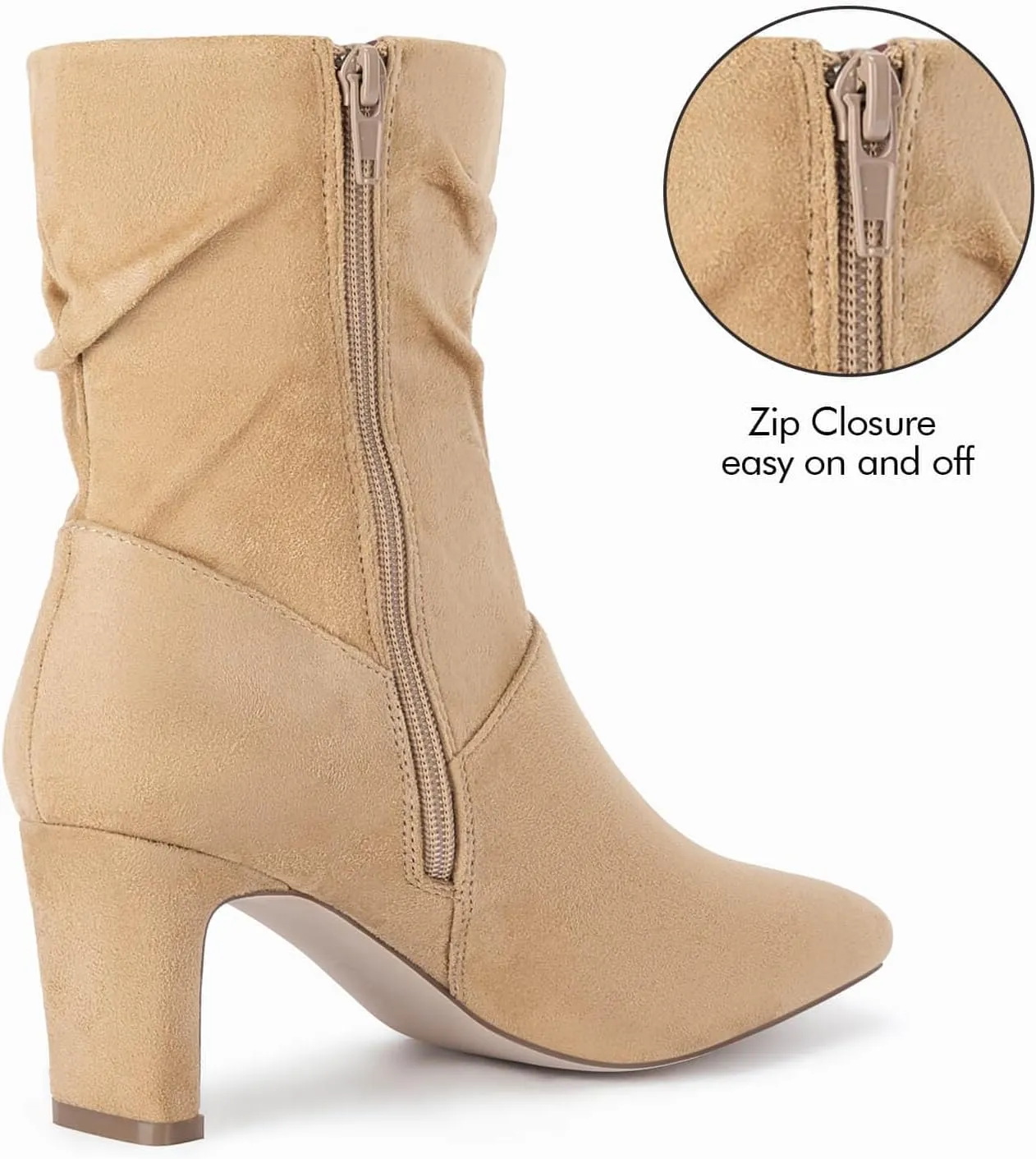 Coutgo Women's Slouch Mid Calf Boots Chunky Heel Square Toe Zip Up Fall Fashion Booties Shoes