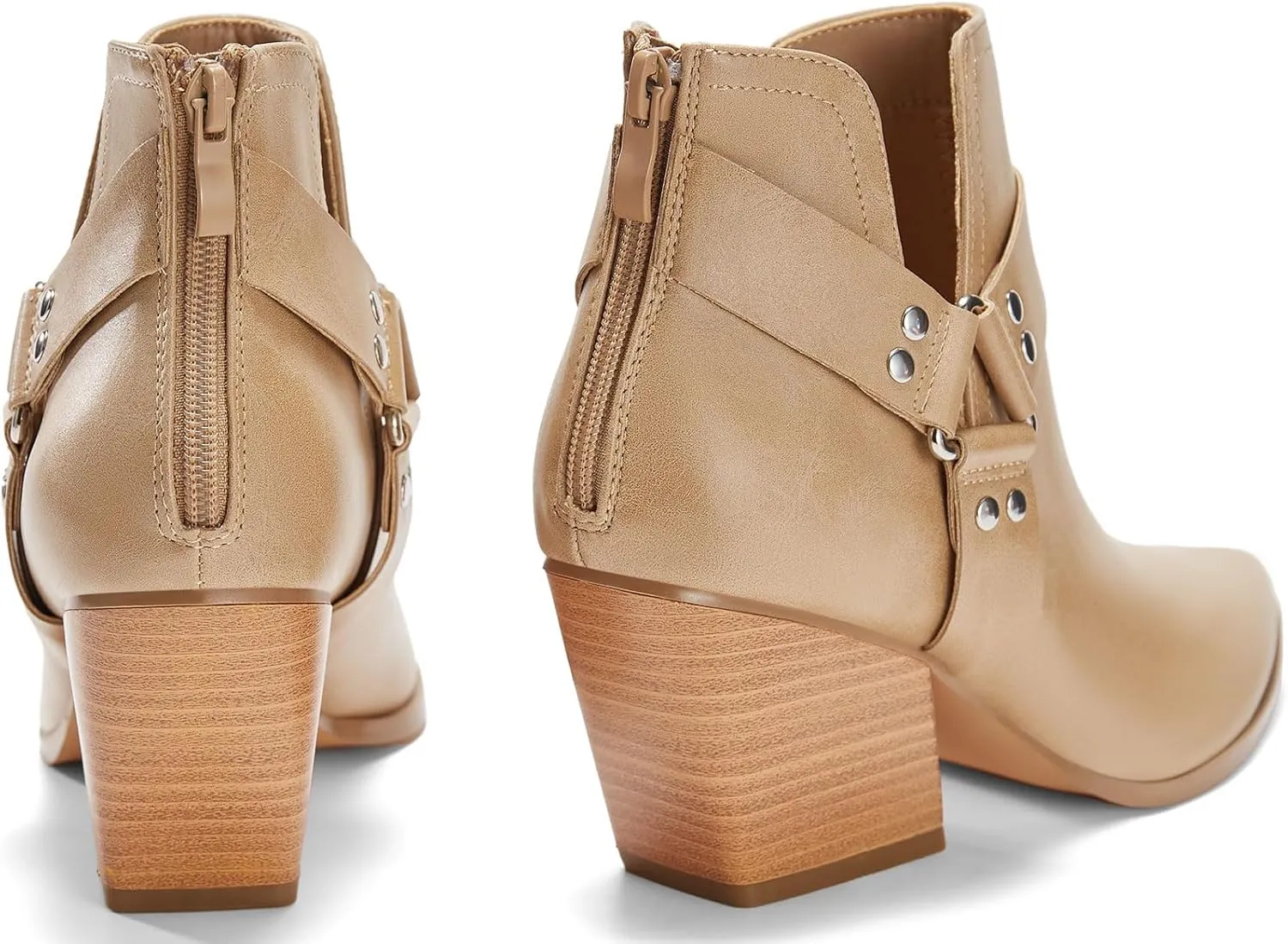 Coutgo Womens V Cutout Ankle Boots Pointed Toe Chunky Stacked Heel Booties Zip Up Western Boots Shoes