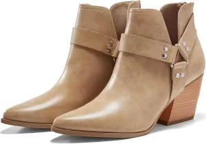 Coutgo Womens V Cutout Ankle Boots Pointed Toe Chunky Stacked Heel Booties Zip Up Western Boots Shoes