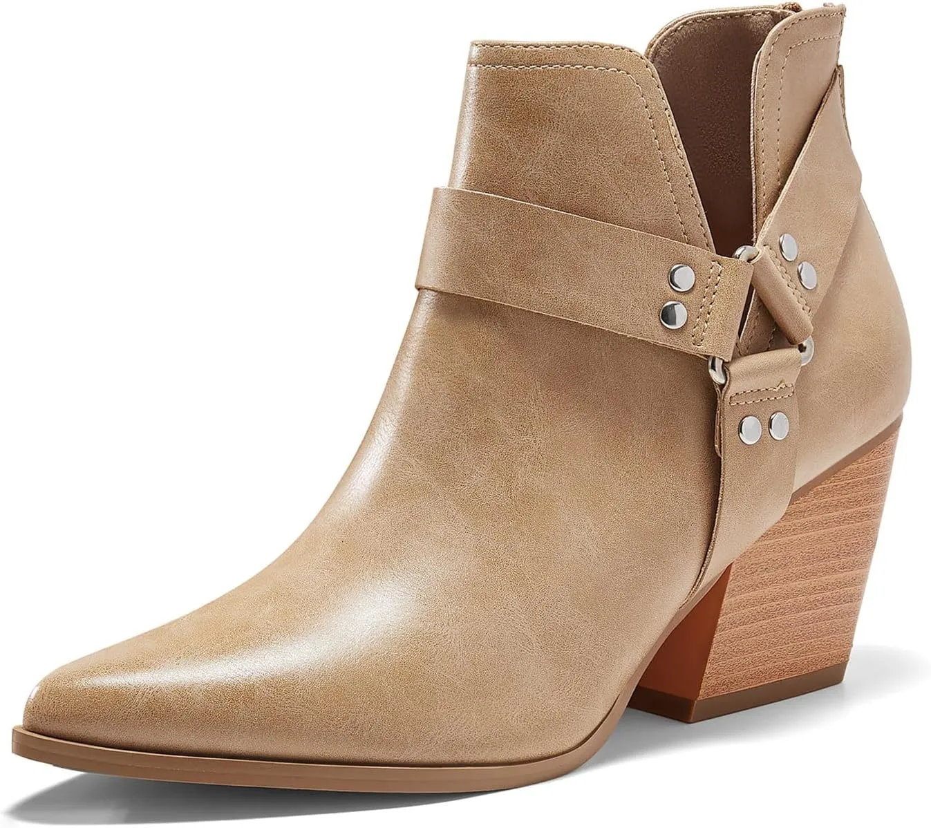 Coutgo Womens V Cutout Ankle Boots Pointed Toe Chunky Stacked Heel Booties Zip Up Western Boots Shoes