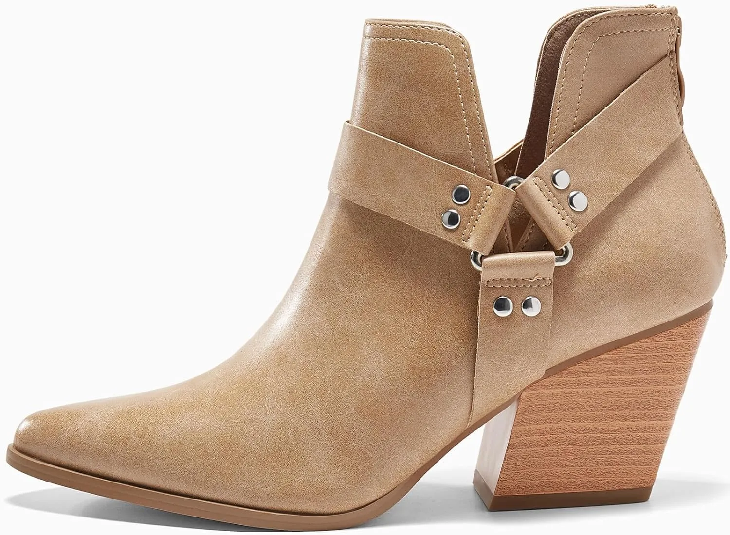 Coutgo Womens V Cutout Ankle Boots Pointed Toe Chunky Stacked Heel Booties Zip Up Western Boots Shoes