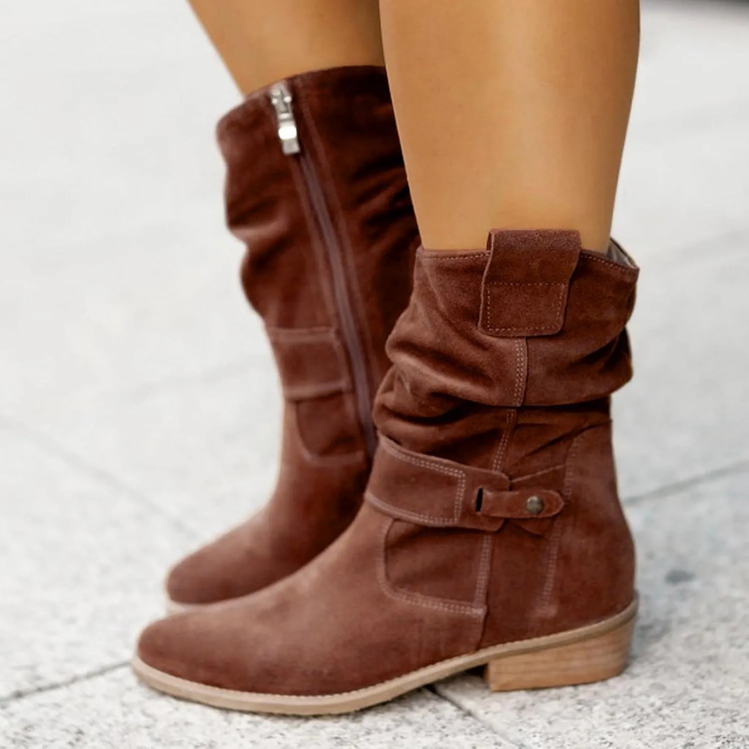 Cowboy Boots for Women Casual Mid Calf Flat Boots Pull on Round Toe Side Zip Cowgirl Fall and Winter Fashion Boots
