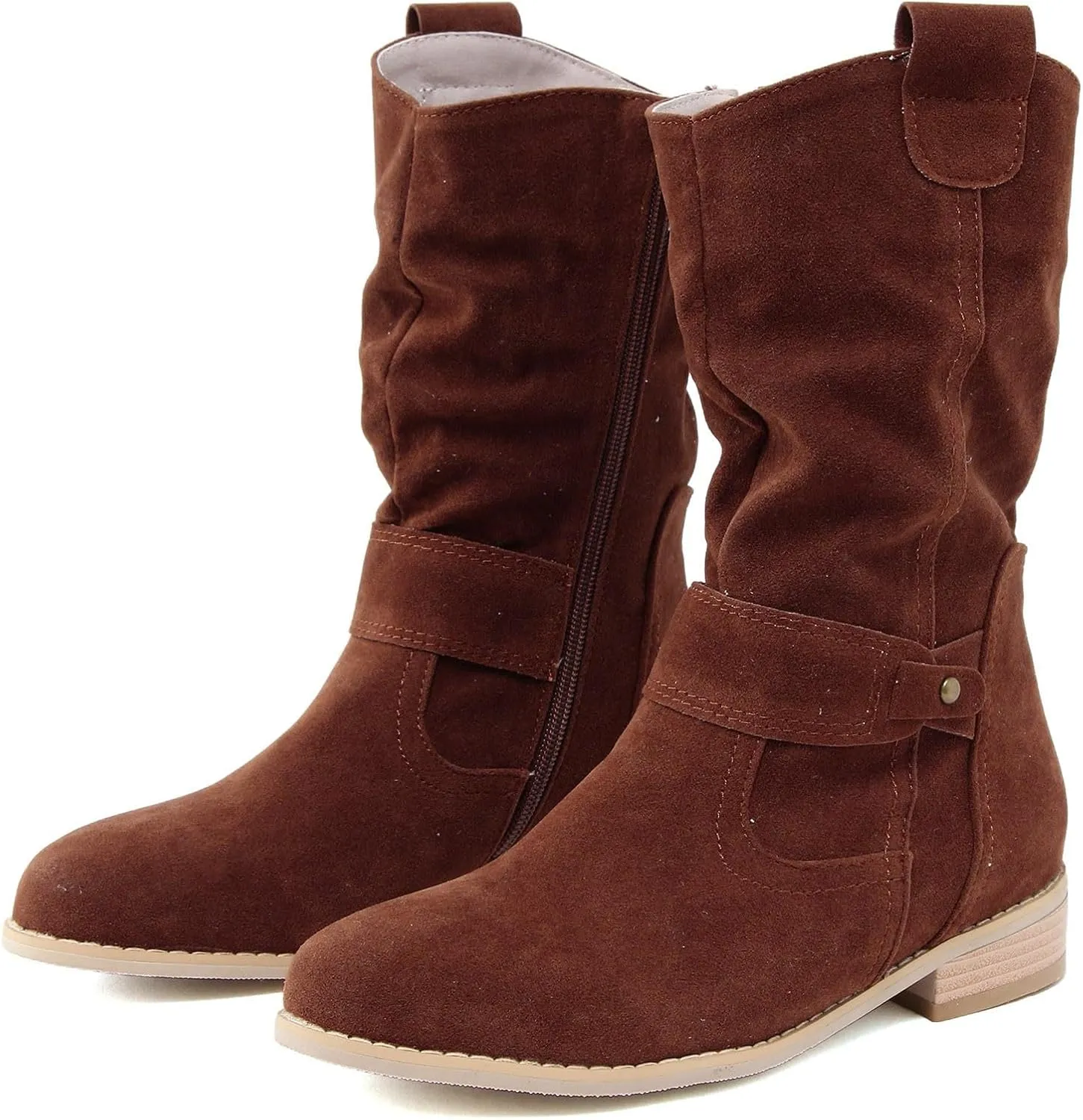 Cowboy Boots for Women Casual Mid Calf Flat Boots Pull on Round Toe Side Zip Cowgirl Fall and Winter Fashion Boots