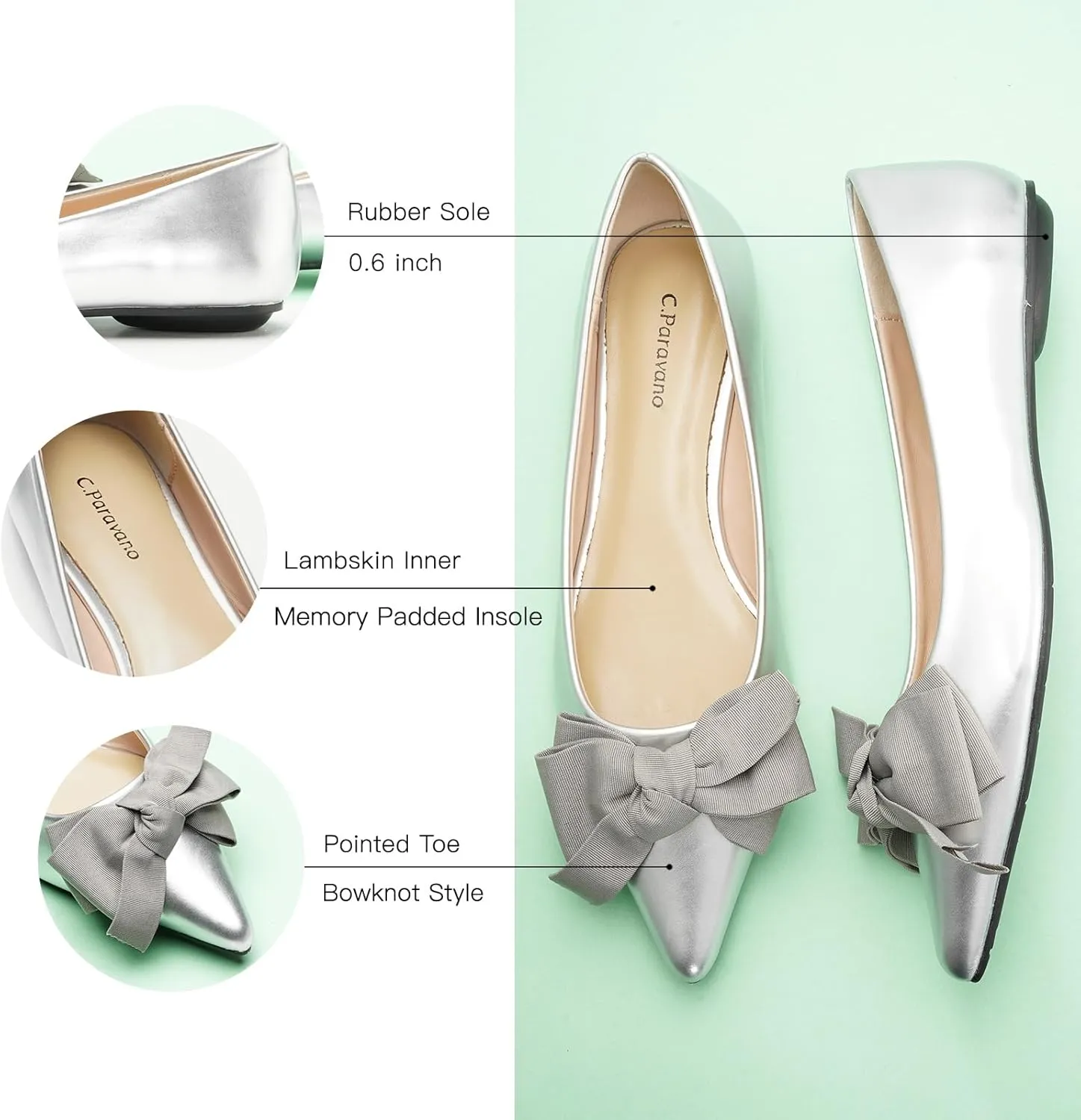 C.Paravano Pointy Bow Flats Women's Flats Comfortable Stylish Slip-On Shoes for Casual and Office