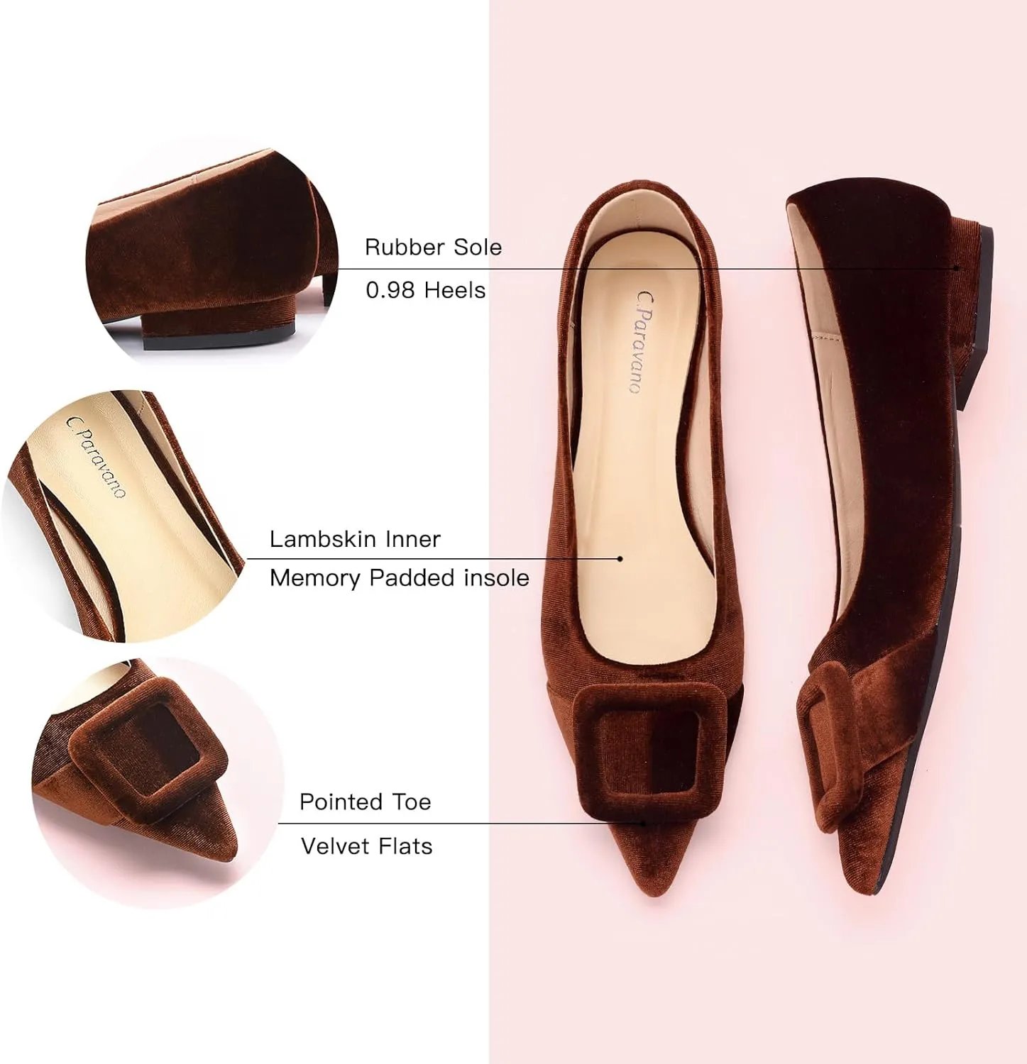 C.Paravano Women's Flats Velvet Pointed Toe Flats Slip-On Casual Work Shoes for Daily Wear Comfortable Stylish Ballet Flats