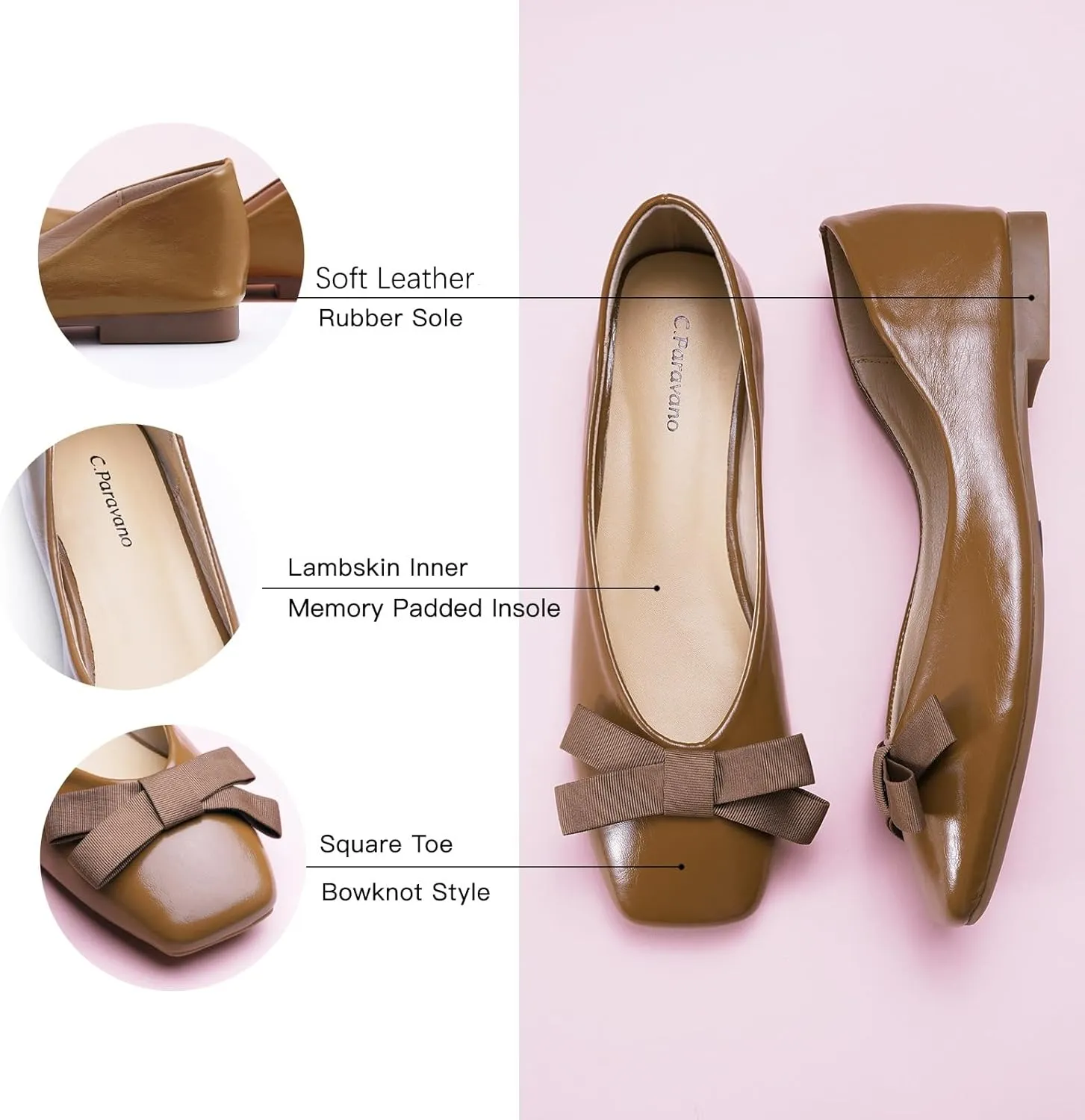 C.Paravano Women's Flats with Bowknot | Comfortable Square Toe Ballet Flats | Casual Slip On Flat Shoes | Women Dress Shoes for Walking Wedding Work Office