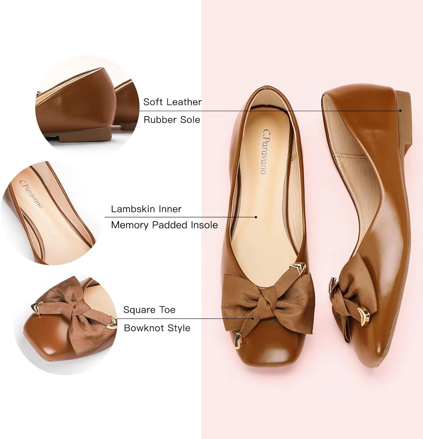C.Paravano Women's Flats with Metallic Bow | Casual Square Toe Ballet Flats | Comfortable Slip On Flat Shoes | Women Dressy Shoes for Walking Wedding Work Office