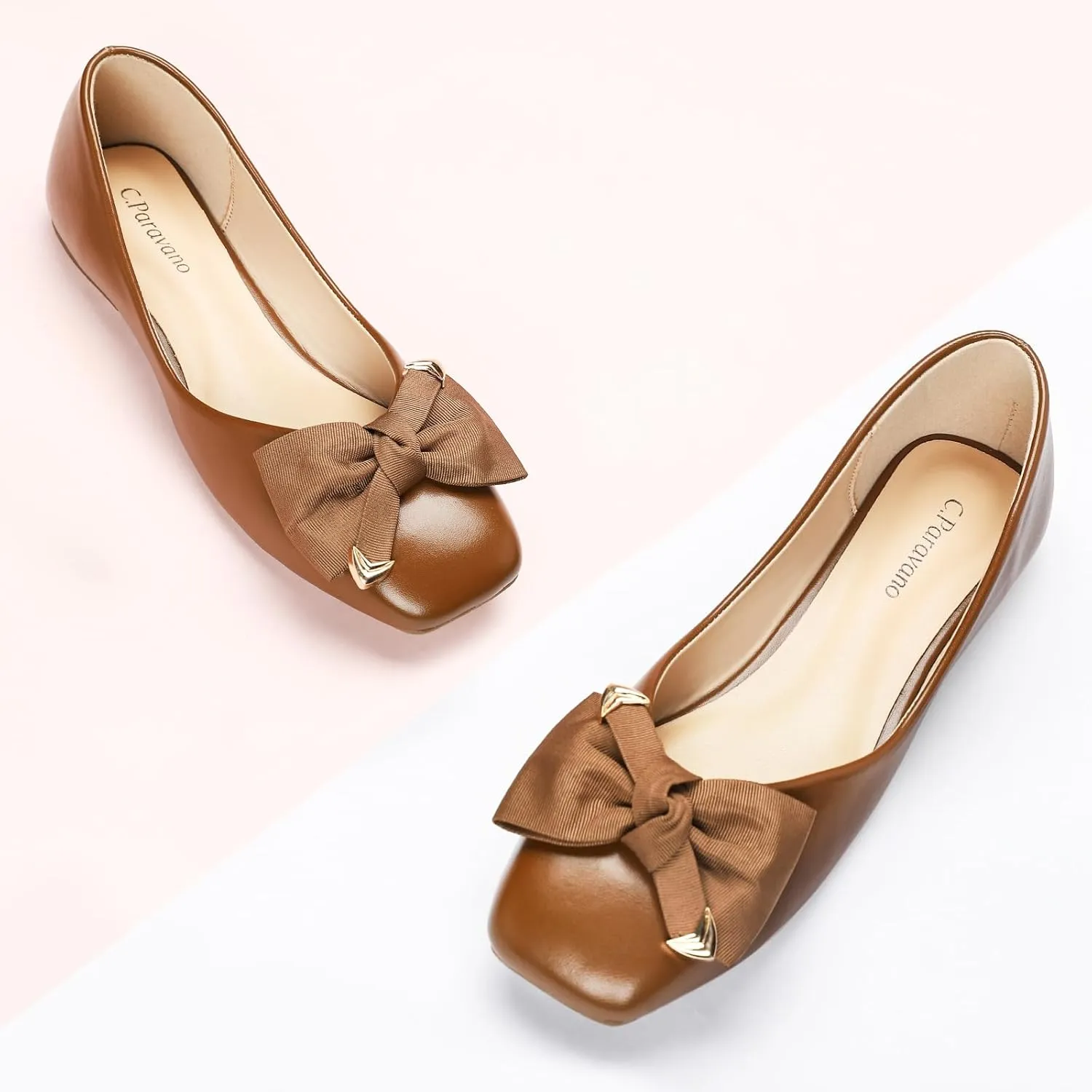 C.Paravano Women's Flats with Metallic Bow | Casual Square Toe Ballet Flats | Comfortable Slip On Flat Shoes | Women Dressy Shoes for Walking Wedding Work Office