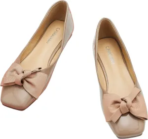 C.Paravano Women's Shoes with Bow | Casual Slip On Ballet Flats | Comfort Square Toe Walking Beige Shoes | Women Dress Flats for Wedding Work Business Office (Size 10.5,Beige)