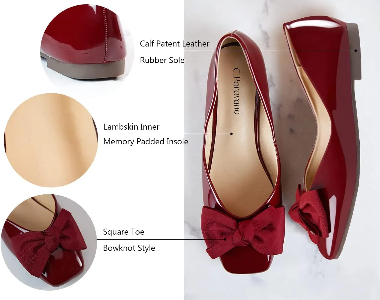 C.Paravano Women's Shoes with Bow | Casual Slip On Ballet Flats | Comfortable Square Toe Walking Shoes | Women Dressy Flats for Wedding Work Business Office