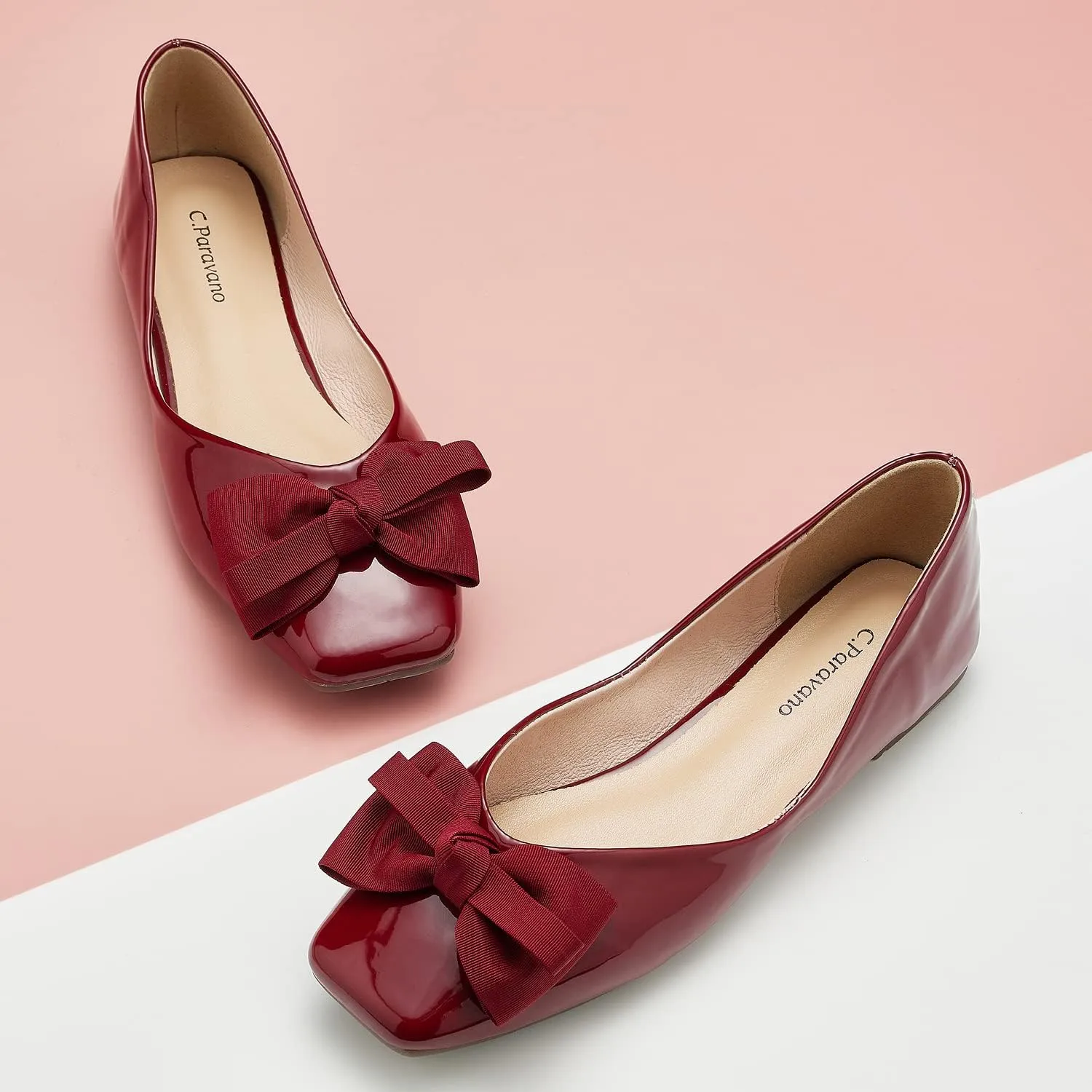 C.Paravano Women's Shoes with Bow | Casual Slip On Ballet Flats | Comfortable Square Toe Walking Shoes | Women Dressy Flats for Wedding Work Business Office
