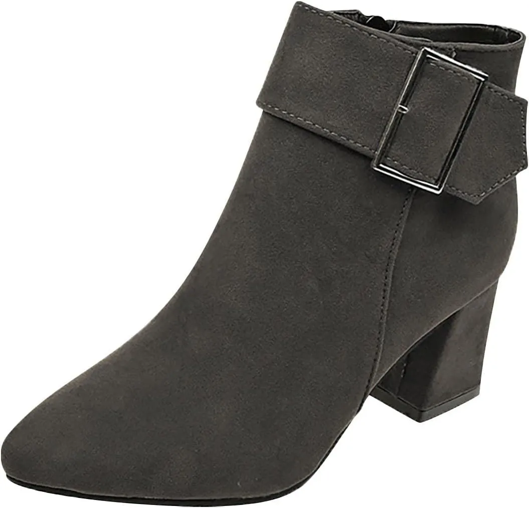 Ctreela Fashion Chunky Heel Pointed Boots Office Work Elegant Winter Ankle Boot Comfy Mid Heel Side Zip Faux Suede Booties