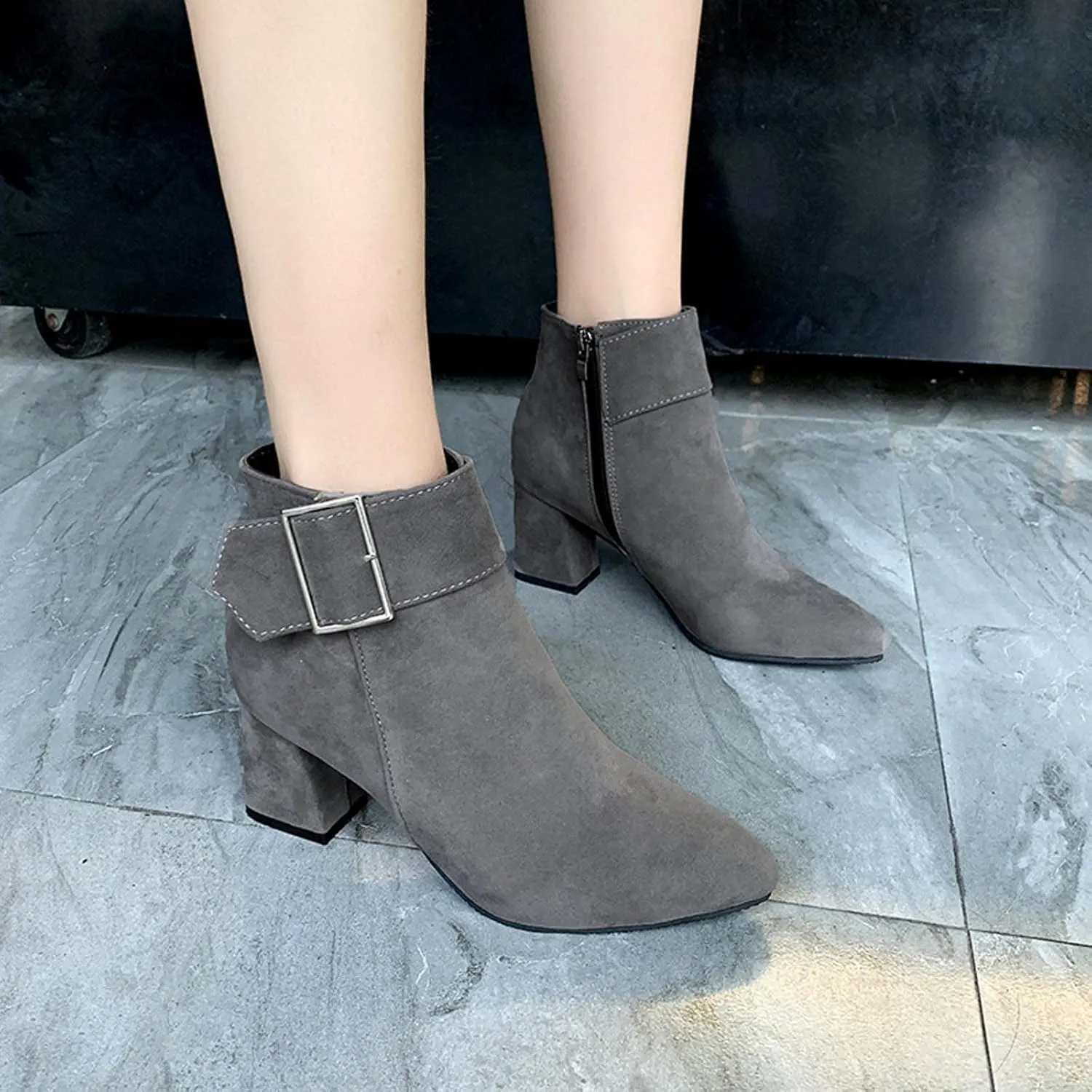 Ctreela Fashion Chunky Heel Pointed Boots Office Work Elegant Winter Ankle Boot Comfy Mid Heel Side Zip Faux Suede Booties