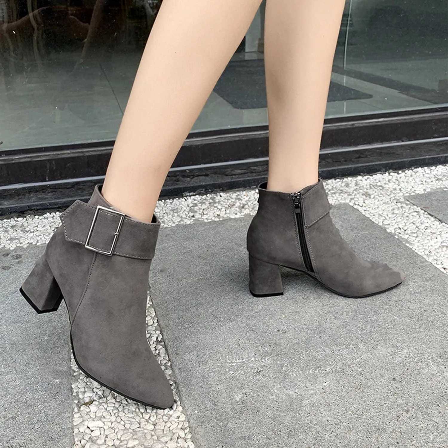 Ctreela Fashion Chunky Heel Pointed Boots Office Work Elegant Winter Ankle Boot Comfy Mid Heel Side Zip Faux Suede Booties