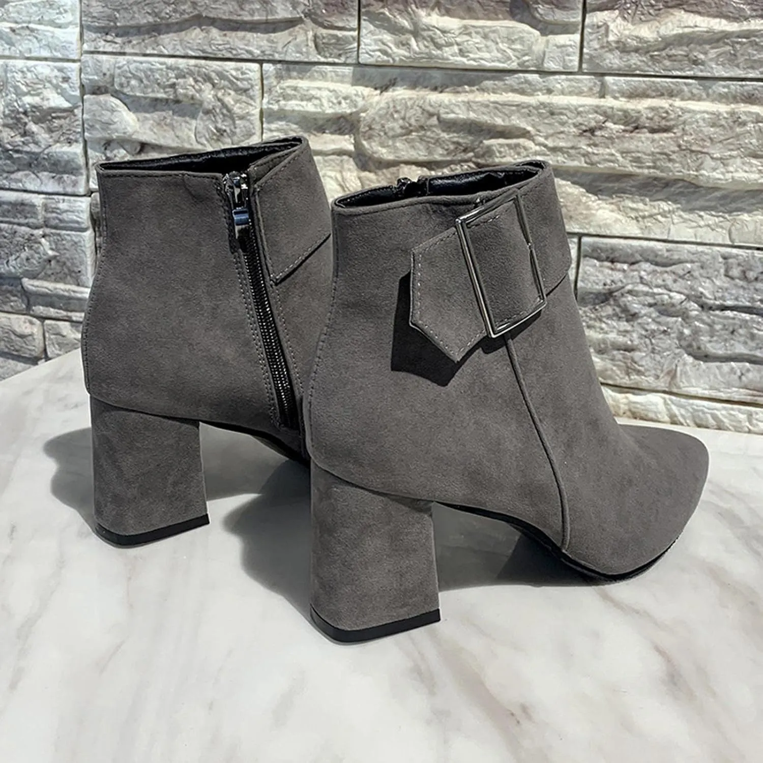 Ctreela Fashion Chunky Heel Pointed Boots Office Work Elegant Winter Ankle Boot Comfy Mid Heel Side Zip Faux Suede Booties