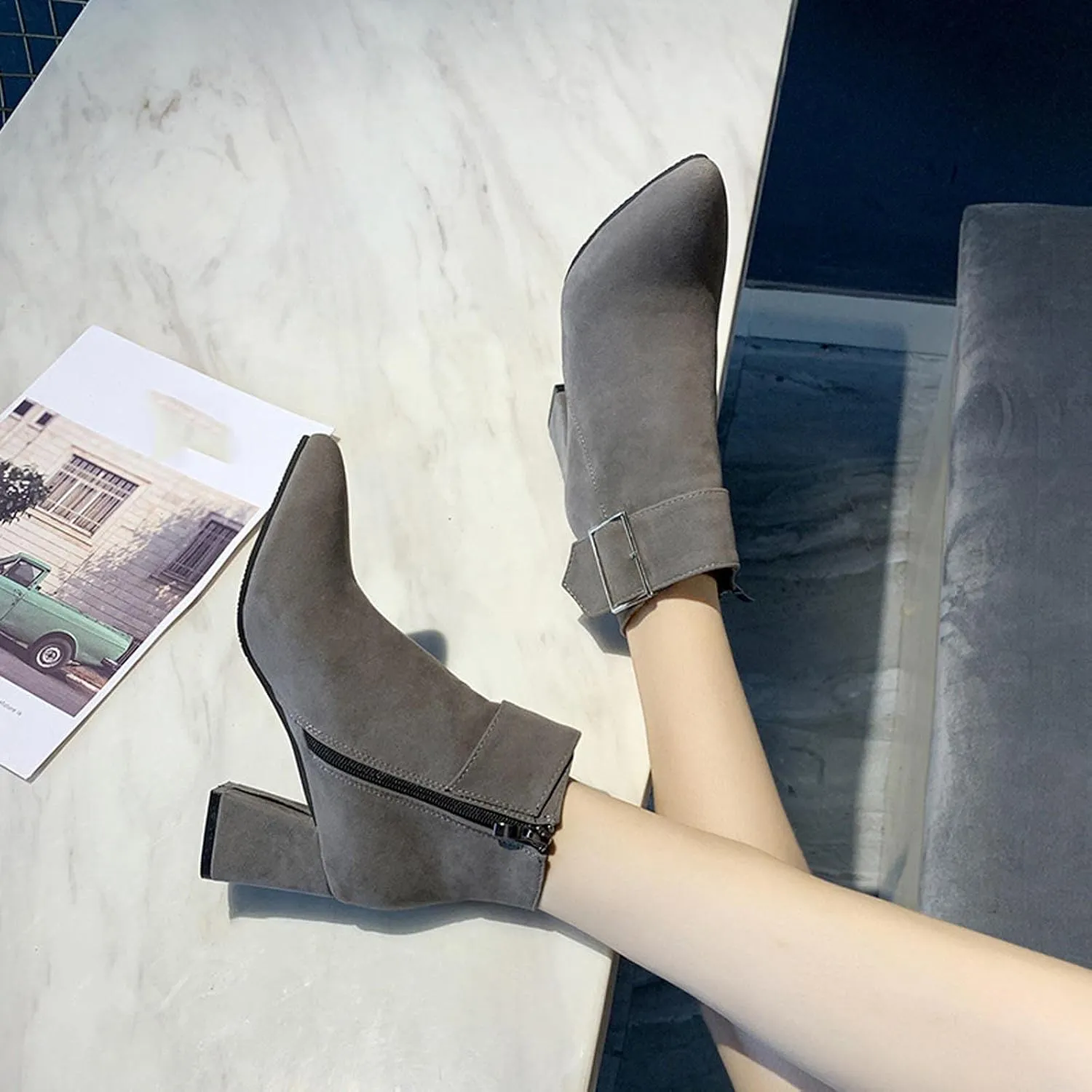 Ctreela Fashion Chunky Heel Pointed Boots Office Work Elegant Winter Ankle Boot Comfy Mid Heel Side Zip Faux Suede Booties